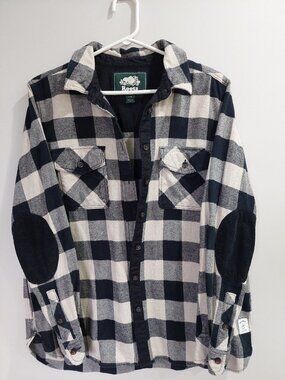Roots Canada Women's L Black Tan Plaid Flannel Shirt Corduroy Elbow Patch